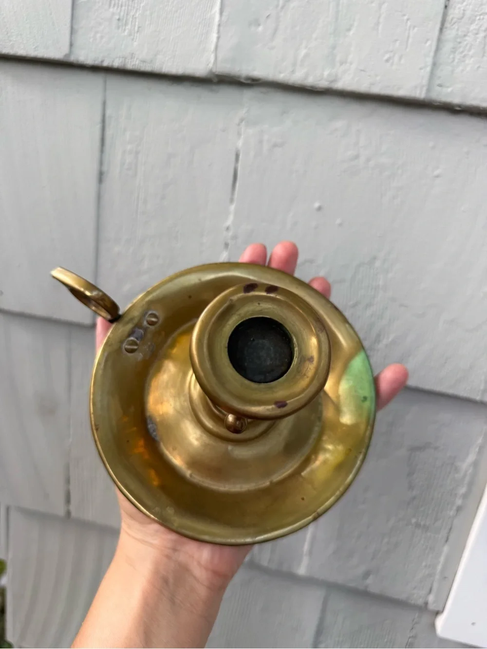 19th Cent. ANTIQUE Turned Brass Chamberstick Candlestick patina